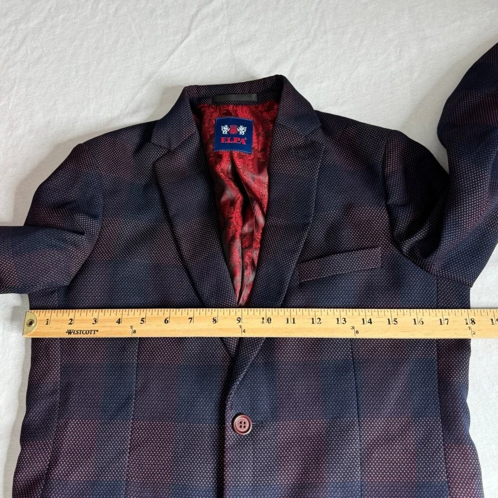 ELPA Boys‎ 2 Piece Formal Plaid Blazer and Vest Set Navy Burgundy Kids Size 18